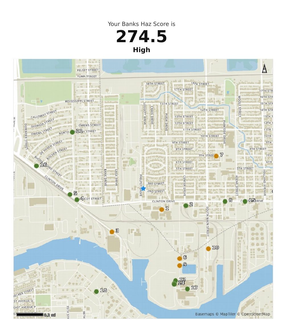 Sample Haz Score map for Galena Park, with the property marked and nearby listed sites