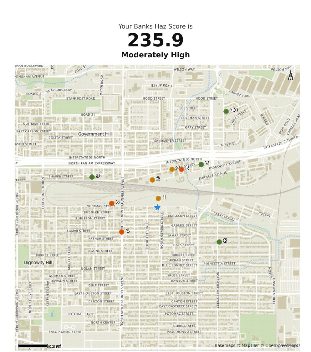 San Antonio sample report map with a Haz Score of 235.9, moderately high