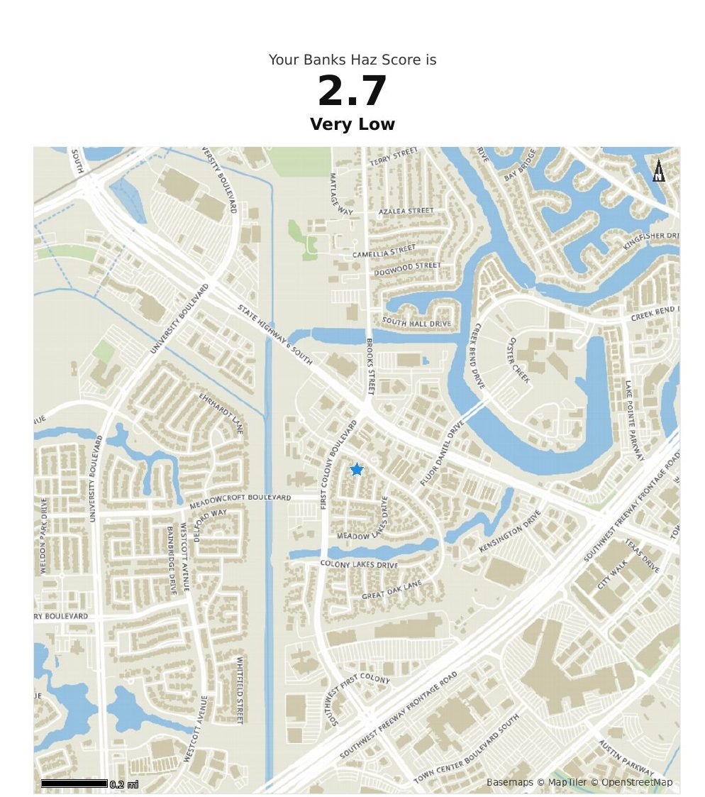 Sugar Land sample report map with a Haz Score of 2.7, very low