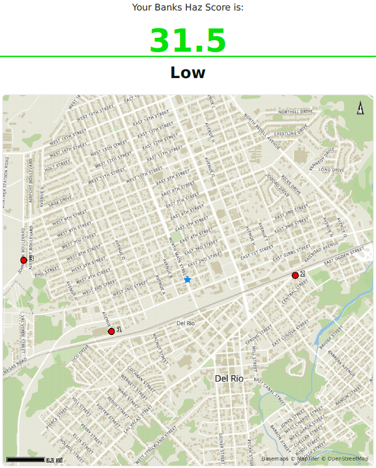 Sample Haz Score map showing nearby facilities